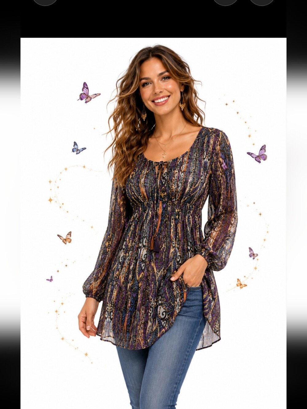Xhilaration Smocked Coquette Top Whimsical Semi Sheer Paisley M Fairy Maiden